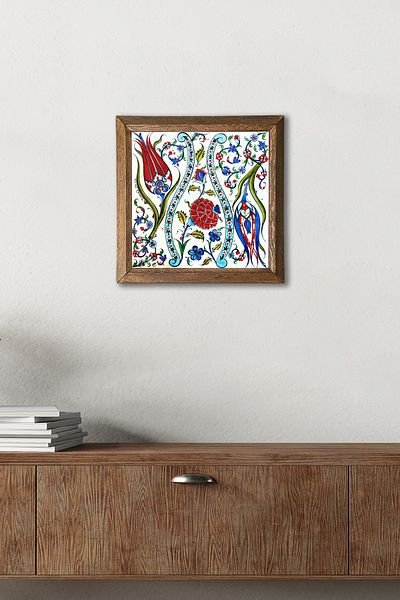 Pinecone Tile Art Tulip Stone Wall Painting Wood Framed Wall Decor Wall Art 25x25cm W1-185