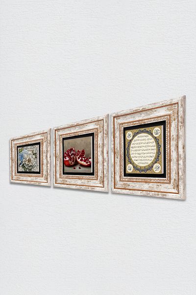 Pinecone Hilye-I Sheriff, Butterfly Flower, Pomegranate Stone Wall Painting Framed Wall Decor 3 Painting Set Tk3-1136