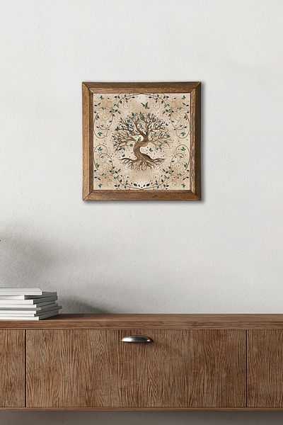 Pinecone Tree of Life Stone Wall Painting Wooden Framed Wall Decor Wall Art 25X25Cm W1-07