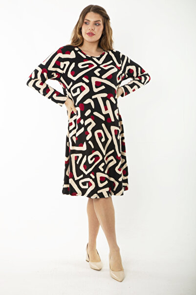 Şans Women's Plus Size Colorful Long Sleeve Patterned Dress 65N37192