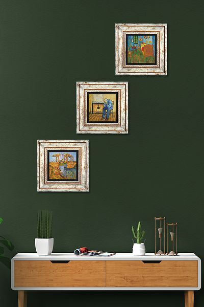 Pinecone Van Gogh Pictură pe perete cu piatră Decorație de perete înrămată Set de pictură din 3 piese Wall Art Tk3-545