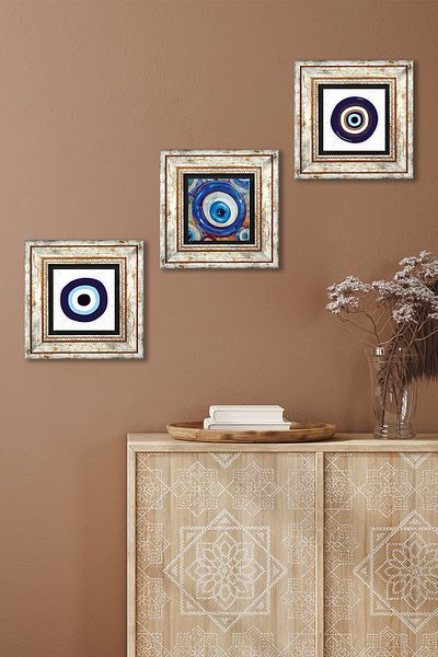 Pinecone Evil Eye Stone Wall Painting Framed Wall Decor 3 Piece Painting Set Wall Art Tk3-1719