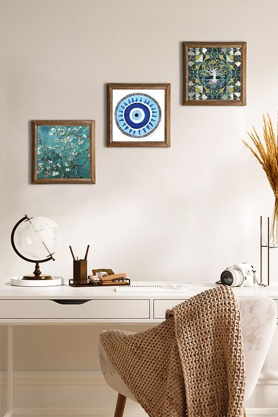 Pinecone Evil Eye, Tree of Life, Van Gogh Almond Tree Stone Wall Painting Wooden Framed Wall Decor 3 Piece Painting
