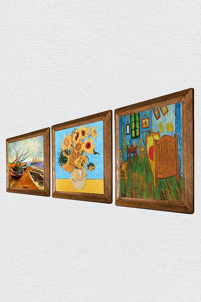 Pinecone Van Gogh Pictură pe perete cu piatră Decor de perete cu rame din lemn Set de pictură din 3 piese Wall Art W3-553