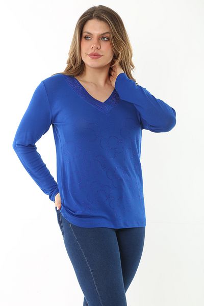 Şans Women's Large Size Saks V-Neck Stone Detailed Long Sleeve Blouse 65N37153