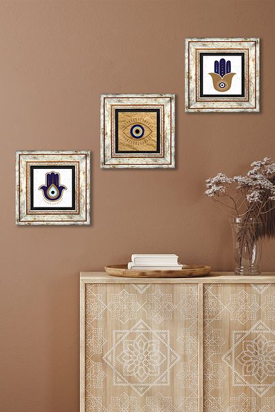 Pinecone Evil Eye, Fatma Mother Hand (Hamsa) Stone Wall Painting Framed Wall Decor 3 Piece Painting Set Tk3-1728