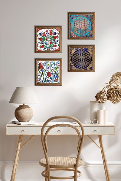 Pinecone Tulip, Flower of Life Stone Wall Painting Wood Framed Wall Decor 4 Piece Painting Set W4-707