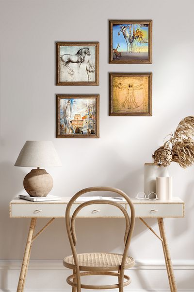 Pinecone Salvador Dali, Da Vinci Stone Wall Painting with Wood Frame Wall Decor 4 Piece Painting Set W4-971