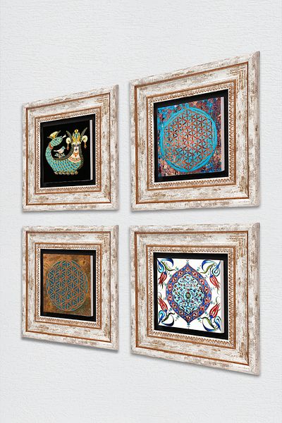 Pinecone Floarea vieții, arta țiglă, pictură pe perete din piatră Shahmeran, decor de perete înrămat, set de picturi din 4 piese Tk4-445