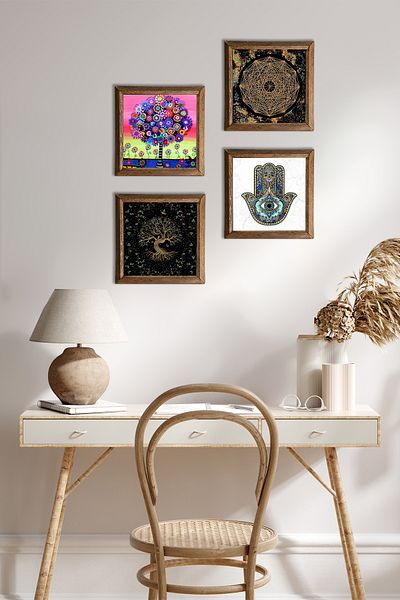 Pinecone Sri Yantra, Tree of Life, Hand of Mother Fatima (Hamsa) Stone Wall Painting Wood Framed Wall Decor