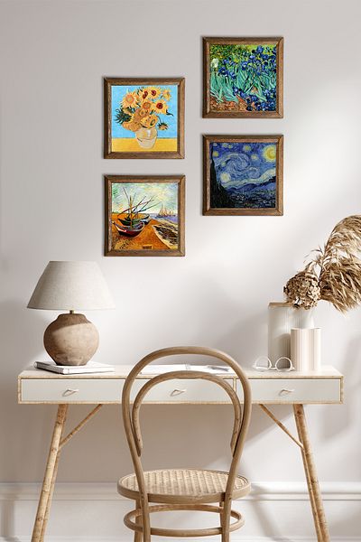 Pinecone Van Gogh Stone Wall Painting with Wood Frame Wall Decor 4 Piece Painting Set Wall Art W4-72