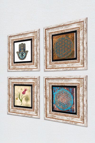 Pinecone Floarea vieții, lalele, mânăa Maicii Fatma (HAMSA) Pictură pe perete din piatră Set de 4 decorațiuni de perete înrămate Tk4-406