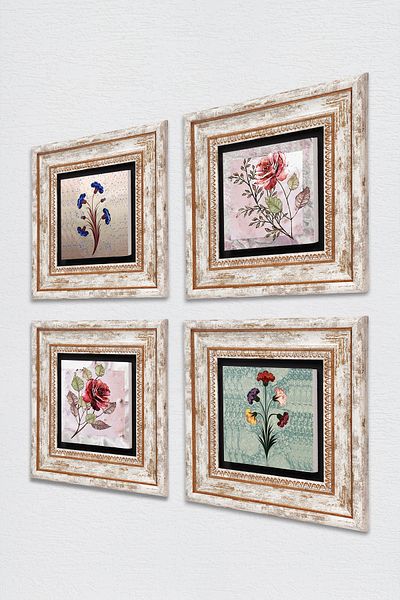 Pinecone Rose Flower, Marbling Art Stone Wall Painting Framed Wall Decor 4 Piece Painting Set Wall Art Tk4-1375
