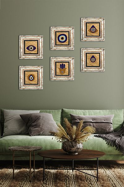 Pinecone Fatma Ana Hand (HAMSA), Pictură pe perete cu piatră Nazar Decor de perete înrămat Set de pictură 6 piese Tk6-88