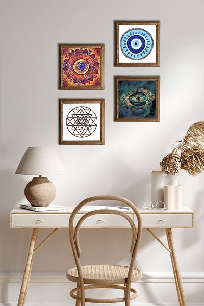 Pinecone Mandala, Evil Eye, Sri Yantra Stone Wall Painting Wooden Framed Wall Decor Set of 4 Painting W4-1005