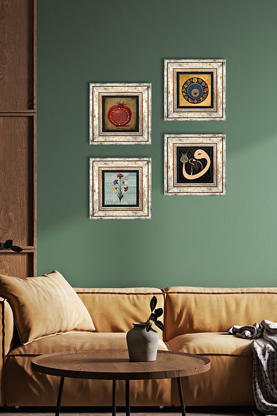 Pinecone Artă marmorată, Vav, Evil Eye, Rugăciune de binecuvântare Pictură pe perete cu cadru Decor de perete Set 4 piese Tk4-251