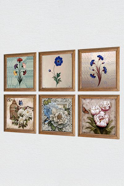 Pinecone Marbling Art, Butterfly Flower Stone Wall Painting with Wooden Frame Wall Decor Set of 6 Painting Wall Art