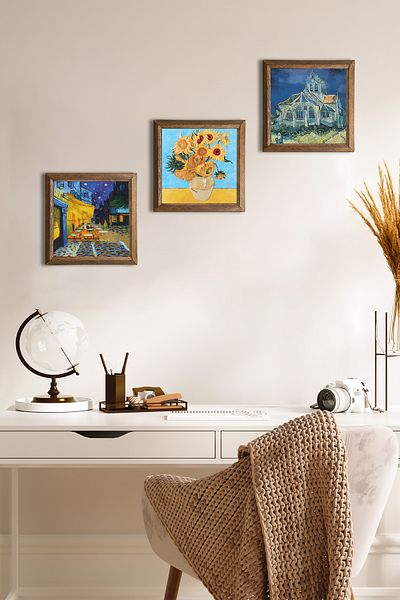 Pinecone Biserica Van Gogh, cafenea pe terasă noaptea, douăsprezece vază de floarea soarelui pictură pe perete de piatră decor de perete înrămat