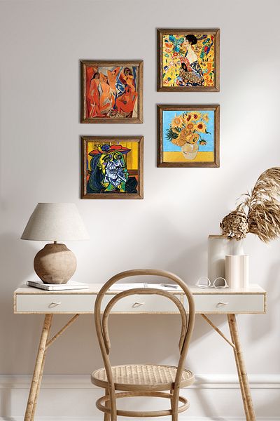 Pinecone Picasso, Van Gogh, Gustav Klimt Pictură pe perete din piatră Decor de perete cu rame din lemn Set de pictură din 4 piese
