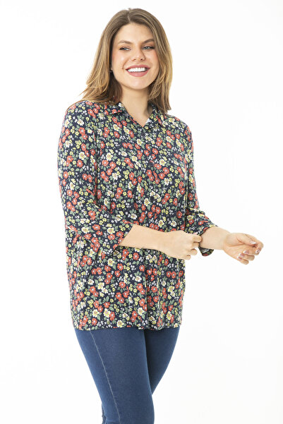 Şans Women's Large Size Colorful Front Buttoned Capri Sleeve Blouse 65N37150