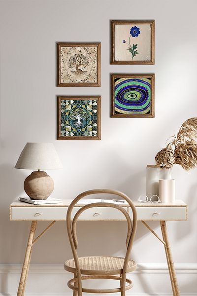 Pinecone Evil Eye, Marbling Art, Tree of Life Stone Wall Painting Wooden Framed Wall Decor 4 Piece Painting Set