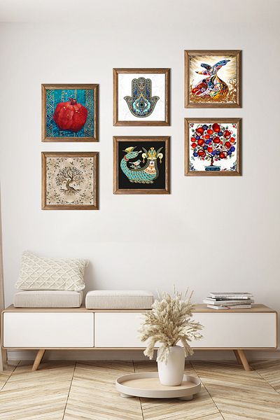 Pinecone Fatma Mother Hand, Pomegranate Tree, Whirling Dervish, Tree of Life, Shahmeran Stone Painting Wooden Framed Wall Decor