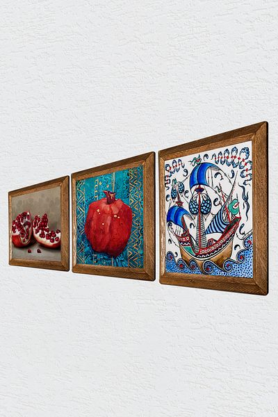 Pinecone Tile Art Sailing Ship, Pomegranate Stone Wall Painting with Wooden Frame Wall Decor Set of 3 Painting Wall Art