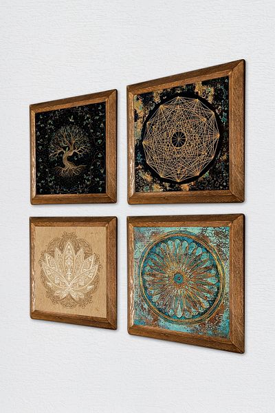 Pinecone Sri Yantra, Flower of Life, Lotus Flower, Tree of Life Stone Wall Painting Wood Framed Wall Decor