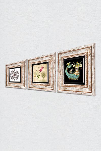 Pinecone Floarea vieții, artă marmură de lalele, pictură pe perete din piatră Shahmeran, set de 3 decorațiuni de perete înrămate Tk3-668