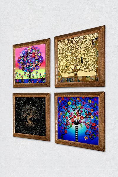 Pinecone Tree of Life Stone Wall Painting Wood Framed Wall Decor 4 Piece Painting Set Wall Art W4-659