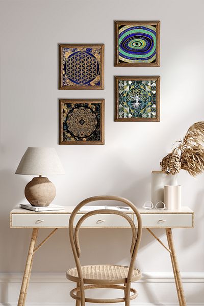 Pinecone Arborele vieții, ochiul rău, Sri Yantra, floarea vieții pictură pe perete din piatră decor de perete cu rame din lemn