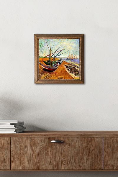 Pinecone Vincent Van Gogh Fishing Boats Stone Wall Painting with Wooden Frame Wall Decor Wall Art 25X25Cm