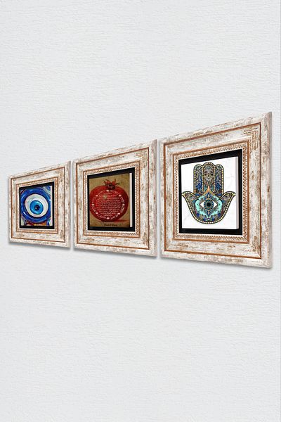 Pinecone Evil Eye, Prayer for Fertility, Fatma Mother Hand (Hamsa) Stone Wall Painting Framed Wall Decor
