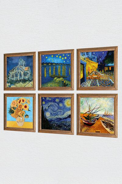Pinecone Van Gogh Stone Wall Painting with Wood Frame Wall Decor 6 Piece Painting Set Wall Art W6-47
