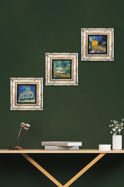 Pinecone Van Gogh Church, Oise Bank, Cafe Terrace Night Stone Wall Painting Framed Wall Decor 3 Piece Painting