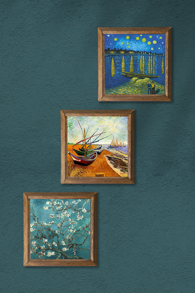 Pinecone Van Gogh Stone Wall Painting with Wood Frame Wall Decor 3 Piece Painting Set Wall Art W3-507