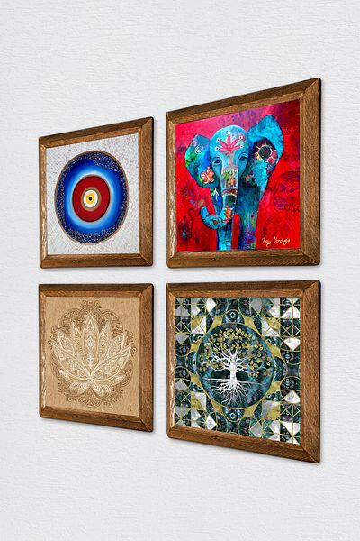 Pinecone Evil Eye, Tree of Life, Elephant, Lotus Flower Stone Wall Painting with Wooden Frame Wall Decor Painting W4-897