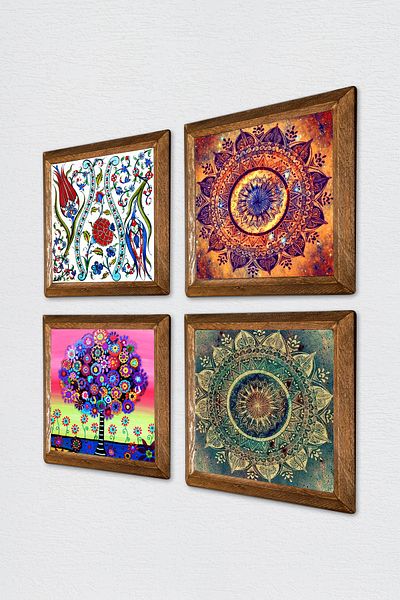 Pinecone Mandala, Tulip, Tile Art Sailing Ship Stone Wall Painting Wooden Framed Wall Decor 4 Piece Painting