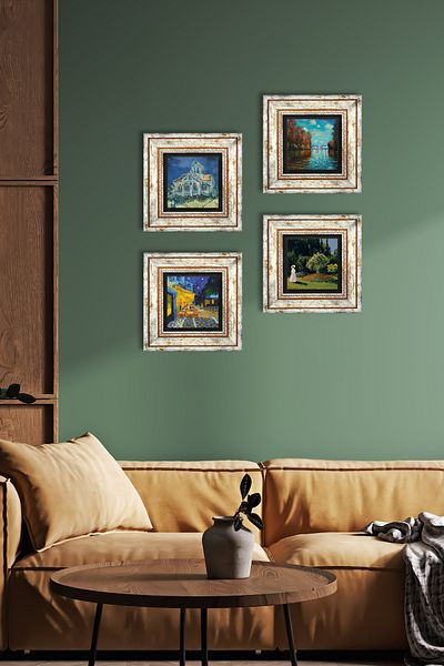 Pinecone Van Gogh, Claude Monet Pictură pe perete de piatră Decor de perete înrămat Set de pictură 4 piese Wall Art Tk4-683