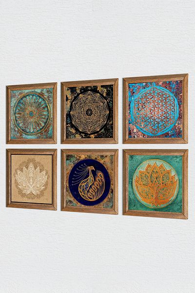 Pinecone Floarea vieții, Floarea Lotusului, Sri Yantra, Pictură pe perete din piatră de păun Decor de perete cu rame din lemn