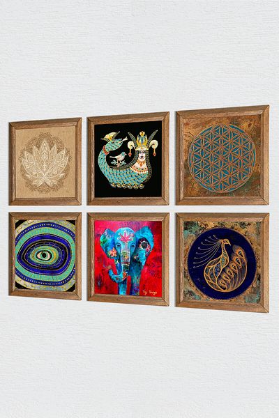 Pinecone Flower of Life, Elephant, Evil Eye, Peacock, Lotus Flower, Shahmeran Stone Painting Wall Decor with Wooden Frame