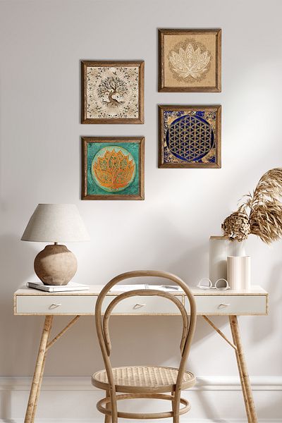 Pinecone Lotus Flower, Flower of Life, Tree of Life Stone Wall Painting Wood Framed Wall Decor Painting W4-817