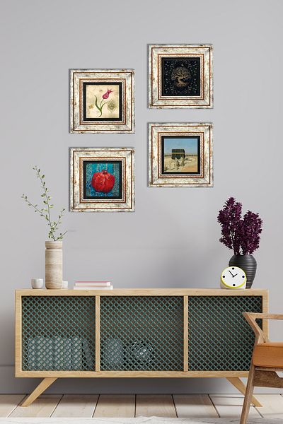 Pinecone Tree of Life, Tulip, Kaaba-I Muazzama, Pomegranate Stone Wall Painting Framed Wall Decor Set of 4 Wall Art