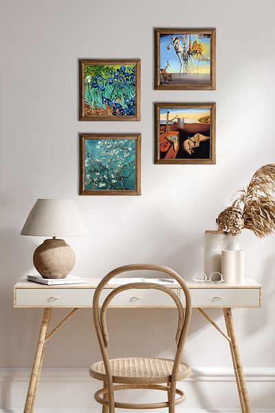 Pinecone Salvador Dali, Van Gogh Stone Wall Painting with Wooden Frame Wall Decor 4 Piece Painting Set Wall Art