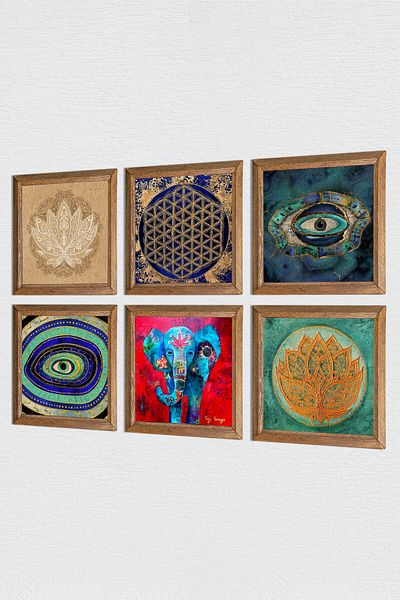 Pinecone Elephant, Evil Eye, Lotus Flower, Flower of Life Stone Wall Painting Wooden Framed Wall Decor Set of 6 Paintings