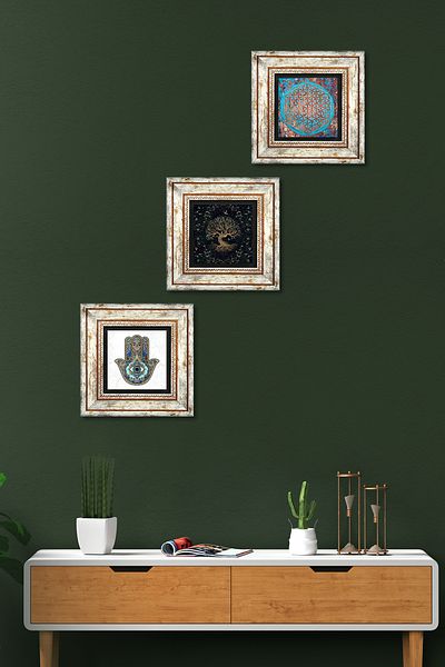 Pinecone Flower of Life, Tree of Life, Hand of Mother Fatma (Hamsa) Stone Wall Painting Framed Wall Decor Tk3-325