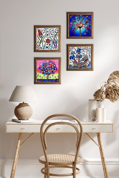Pinecone Tulip, Tile Art Sailboat Ship, Tree of Life Stone Wall Painting Wood Framed Wall Decor