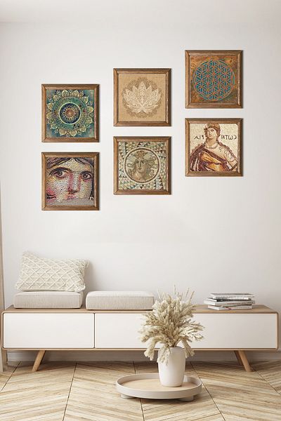 Pinecone Gypsy Girl, Soteria Mosaic, Lotus, Flower of Life, Mandala Stone Painting Wall Decor with Wooden Frame