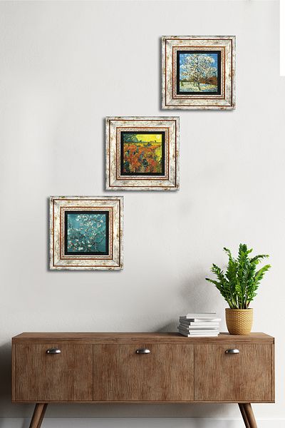 Pinecone Van Gogh Stone Wall Painting Framed Wall Decor 3 Piece Painting Set Wall Art Tk3-598