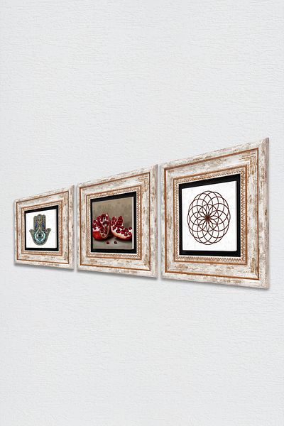 Pinecone Flower of Life, Pomegranate, Fatma Mother Hand (Hamsa) Stone Wall Painting Framed Wall Decor Set of 3 Tk3-743